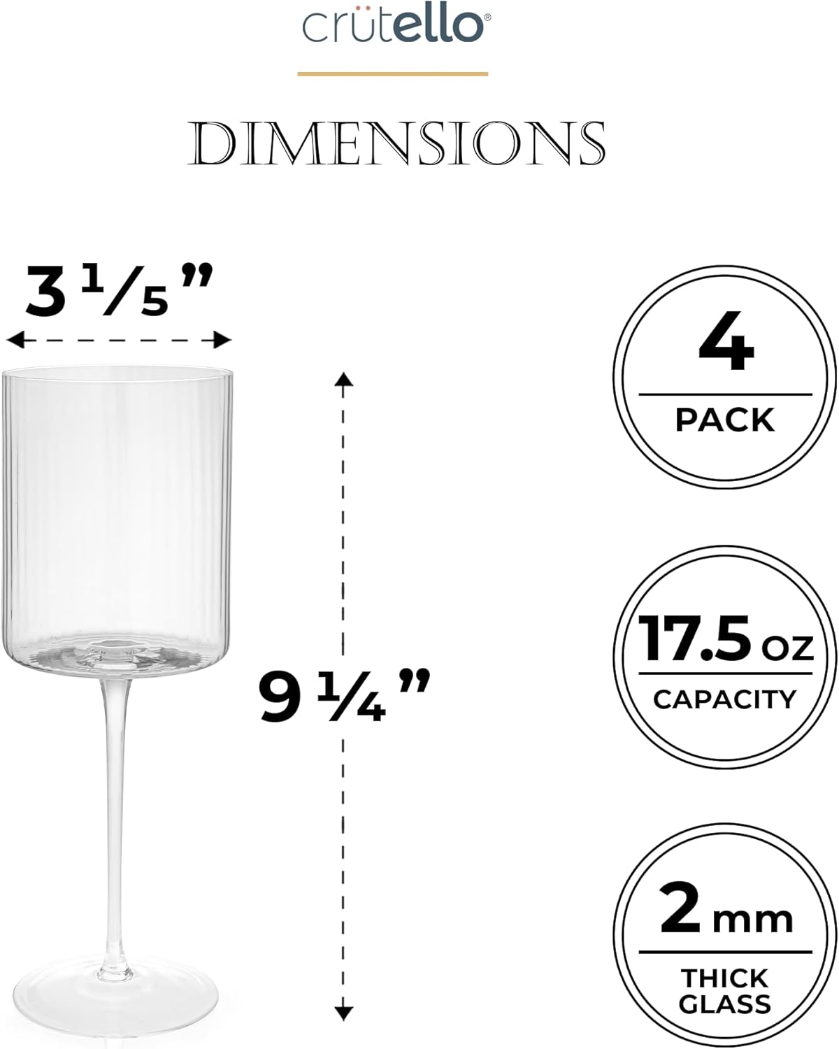 Crutello Square Wine Glasses Set of 4-17.5 oz Unique Fluted Vintage Glasses with Ribbed Texture and Long Stem - Large Modern Red or Fancy White Wine Glass Set, All Purpose