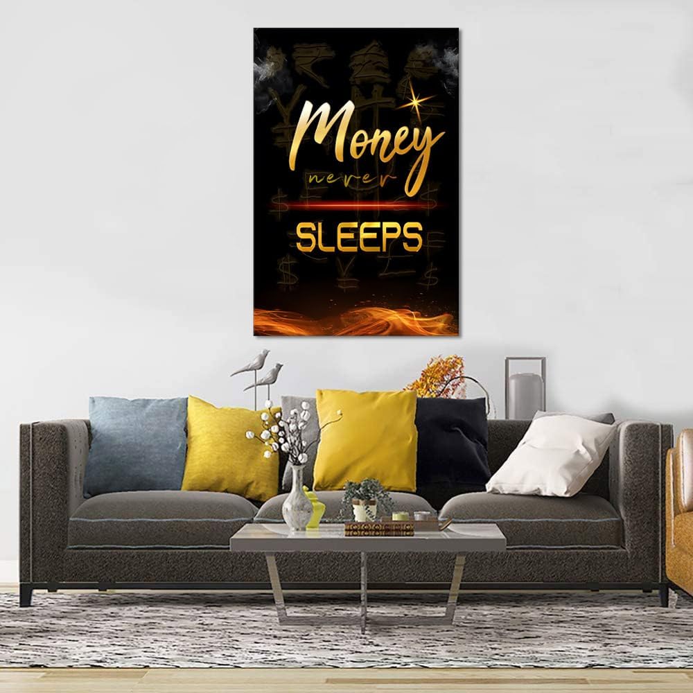 Black and White Golden Yellow Money Never Sleeps Positive Quotes Office Wall Art Framed Inspirational Artwork Living Room Bedroom Wall Decor Ready to Hang-24x36 inch
