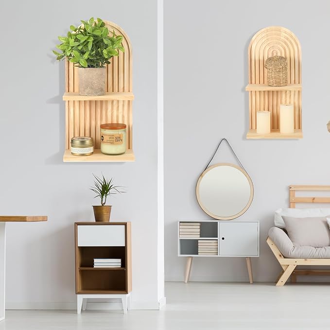 Geetery 2 Pcs Arch Wood Floating Shelf Mid Century Rainbow Wall Shelves Modern Boho Wall Shelf Retro Mounted Wood Arch Decor for Bedroom Living Room Classroom Bathroom Display(2 Tier)
