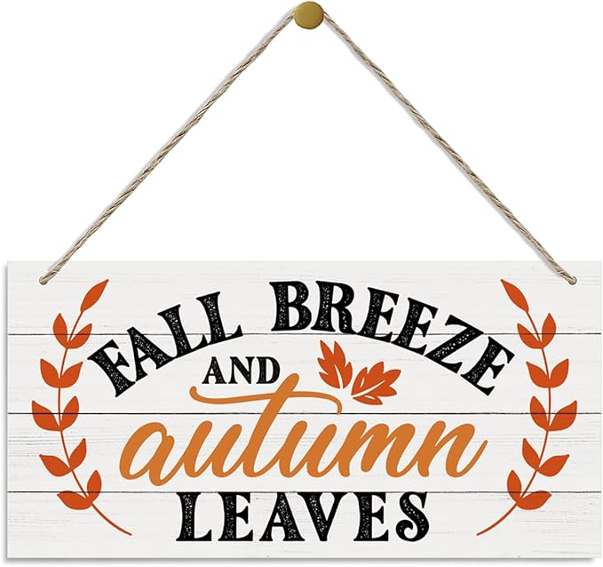 Thanksgiving Decorative Wood Hanging Plaque - Fall Breeze and Autumn Leaves Front Door Decor, Indoor Outdoor Decor