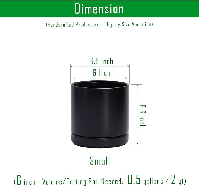 D'vine Dev 6.5 Inch Ceramic Planter Pot with Drainage Hole and Saucer, Indoor Cylinder Round Flower Pot, Black, 94-O-C-2