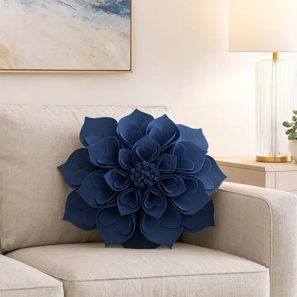 Fennco Styles Handmade 3D Heart-Shaped Petals Flower Decorative Throw Pillow Cover Only - 13" Round Navy Blue Floral Pillow Case for Couch, Home Décor and Holiday, Housewarming Gift
