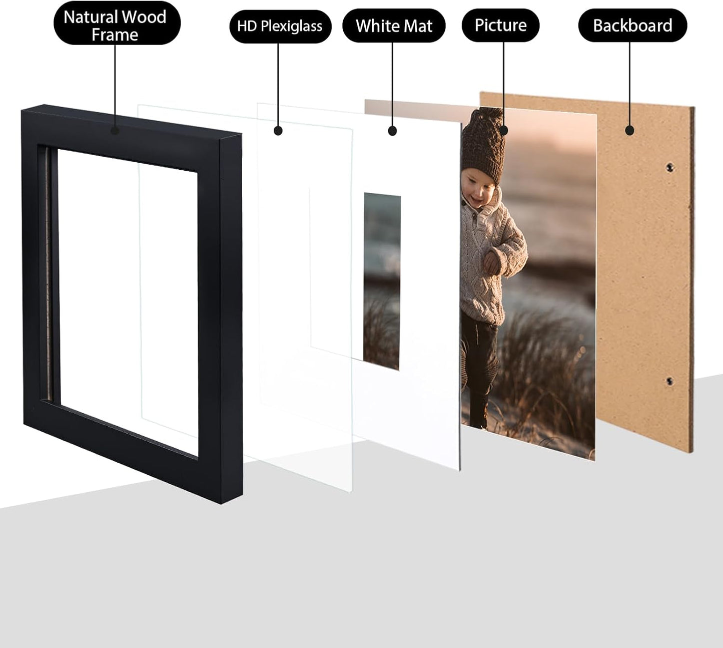 KINLINK 6x6 Picture Frame, Black Square Solid Wood Frames for Pictures 4x4 with Mat or 6x6 without Mat, Wall and Tabletop Display Photo Frames Black 4 Pack