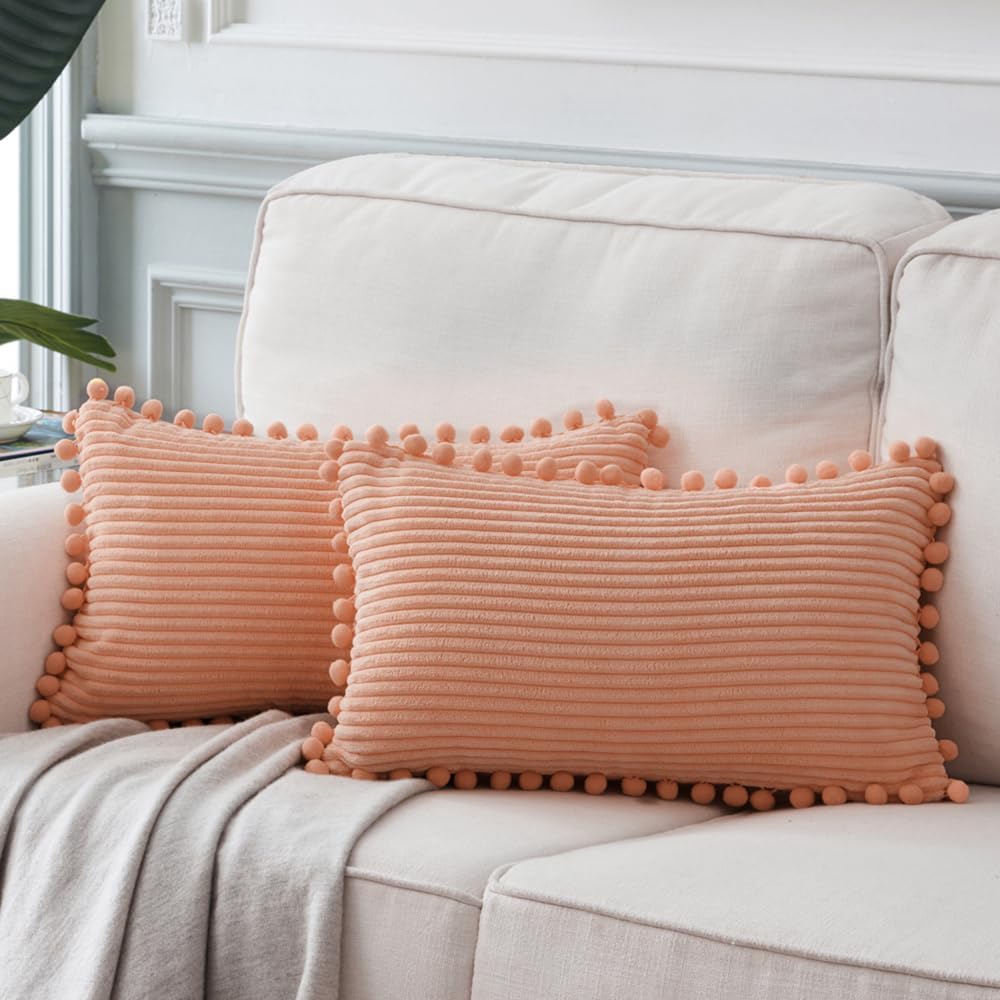 Fancy Homi 2 Pack Peach Lumbar Decorative Throw Pillow Covers 12x20 Inch with Pom-poms for Couch Bedroom Sofa, Farmhouse Boho Home Decor, Soft Coral Corduroy Solid Rectangle Cushion Case 30x50 cm