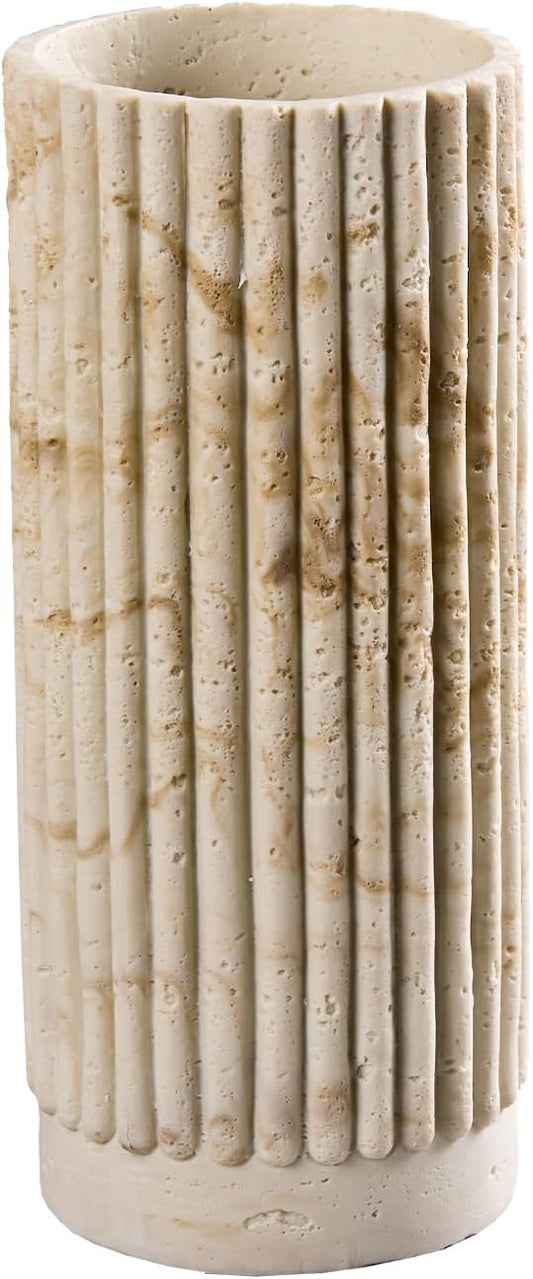 Cylinder Vase 8 Inch - Natural Travertine Textured Ribbed Resin Vase for Pampas Grass, Flowers, Home Decor | Decorative Centerpiece for Entryway, Countertop, Nightstand | Housewarming Gift (Beige)