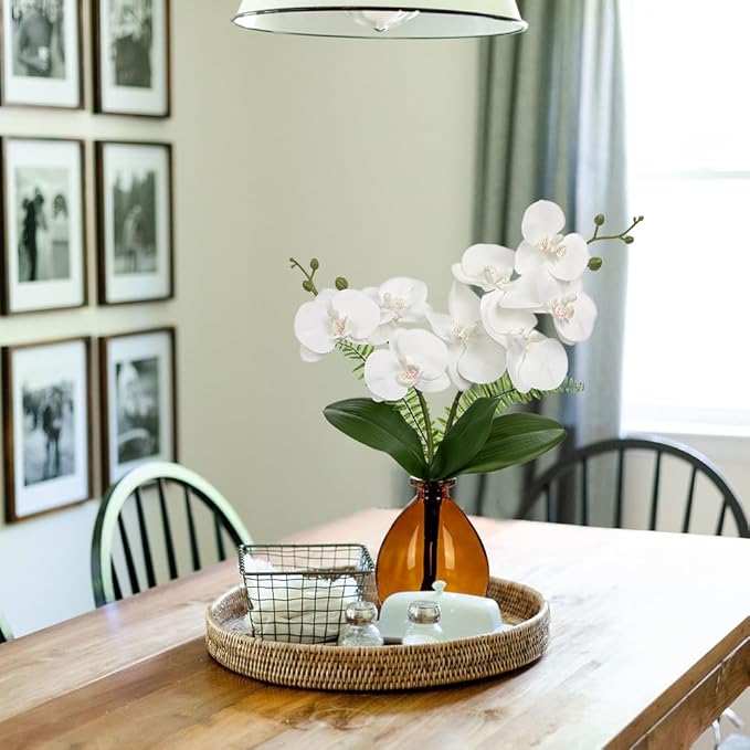 White Orchids Artificial Flowers, Faux Orchid in Glass Vase Real Touch Small Phalaenopsis Orchid Flowers Arrangements with Amber Vase Orchid Centerpiece for Dining Room Table