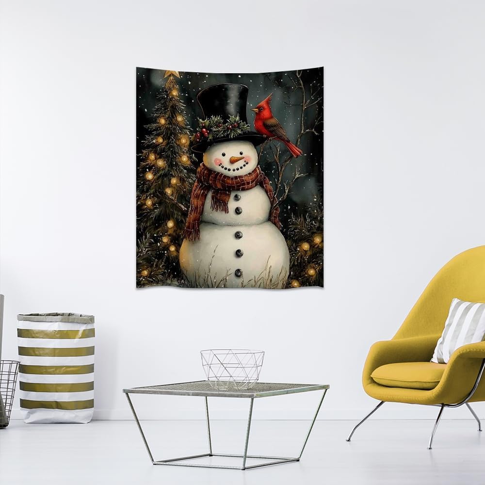Medpol Christmas Snowman Wall Tapestry Vintage Sparkling Christmas Tree Wall Hanging Winter Cardinal Tapestries for Farmhouse Holiday Decor Apartment Dorm Aesthetic 40x60inch