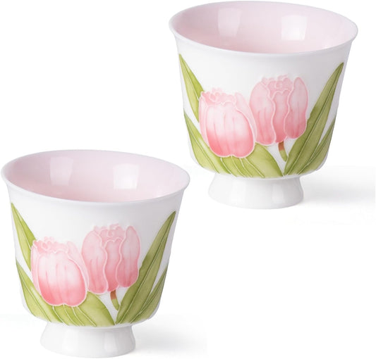 KAMMAK Ceramic Tea Cups Small, Cute Vintage Coffee Cup Set of 2, Porcelain Teacups Espresso Mug, 2.5oz Hand Painted Chinese Afternoon Tea Party Mugs, Birthday Gift for Women Men, Yuni Arita