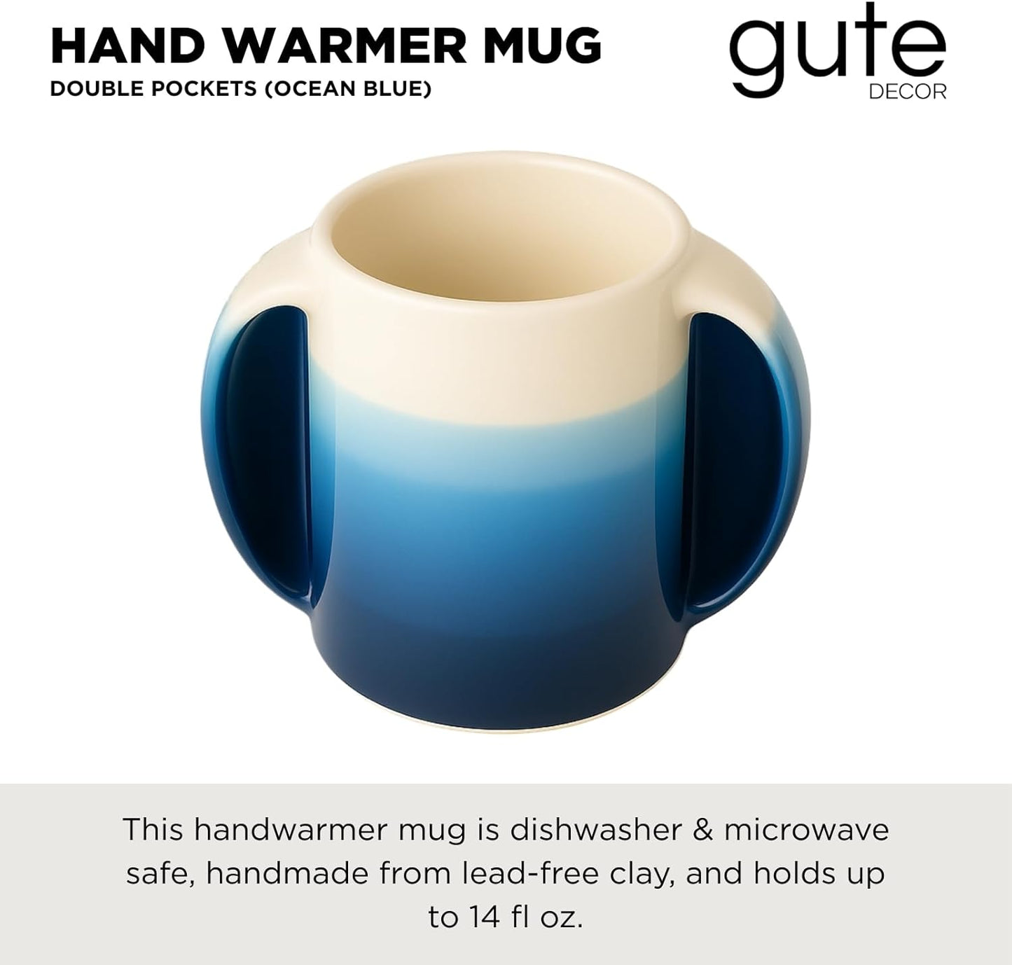 Double Hand Warmer Mug, Handmade Pottery - Handwarmer Contoured Pockets for Both Hands will Hold Warmth From The Heat Of Your Drink To Keep Your Fingers Warm, Comfy Blue - Perfect Winter Gift!