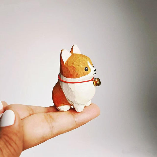 Handmade Wooden Corgi Figurine – Small 1.4" Carved Dog Statue with Round Base, Cute Desk or Shelf Decor, Unique Collectible Pet Memorial and Thoughtful Gift for Dog Lovers