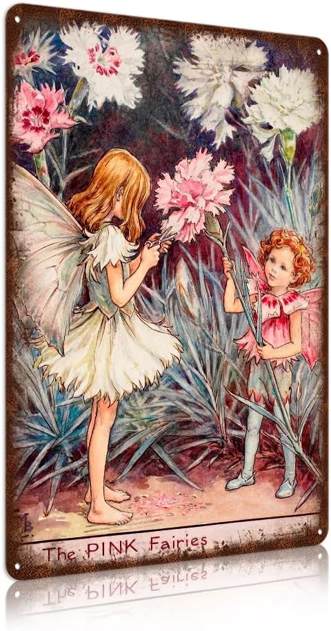 Flower Fairy Wall Decor Vintage Metal Tin Signs Fairy Garden Accessories - The Pink