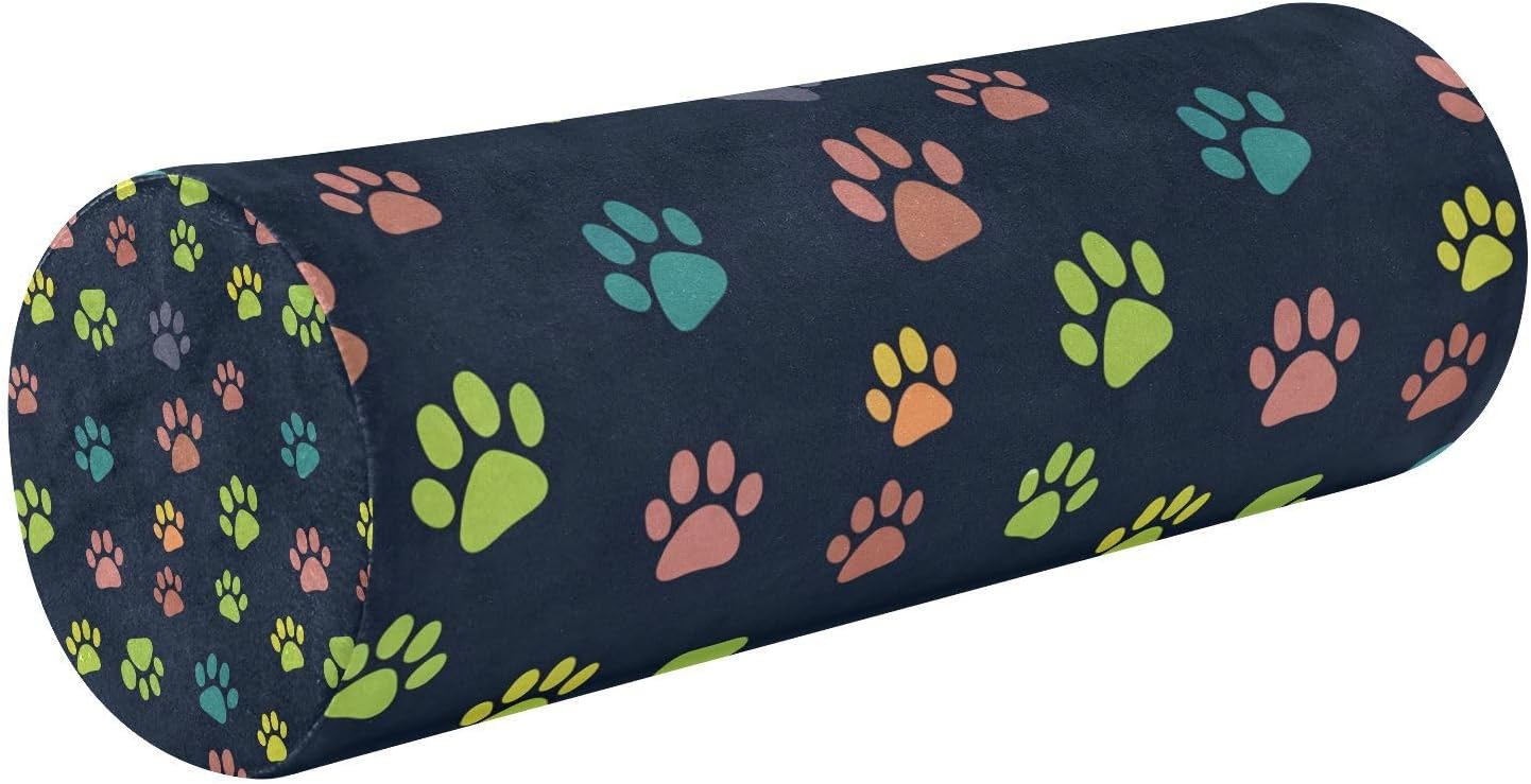 Dog Paw 4 Bolster Pillow, Round Pillow for Bed with Removable Washable Cover, Cylinder Pillows for Head, Neck, Back and Legs Cervical Neck Pillow Sleeping 5.5 x 17 Inch
