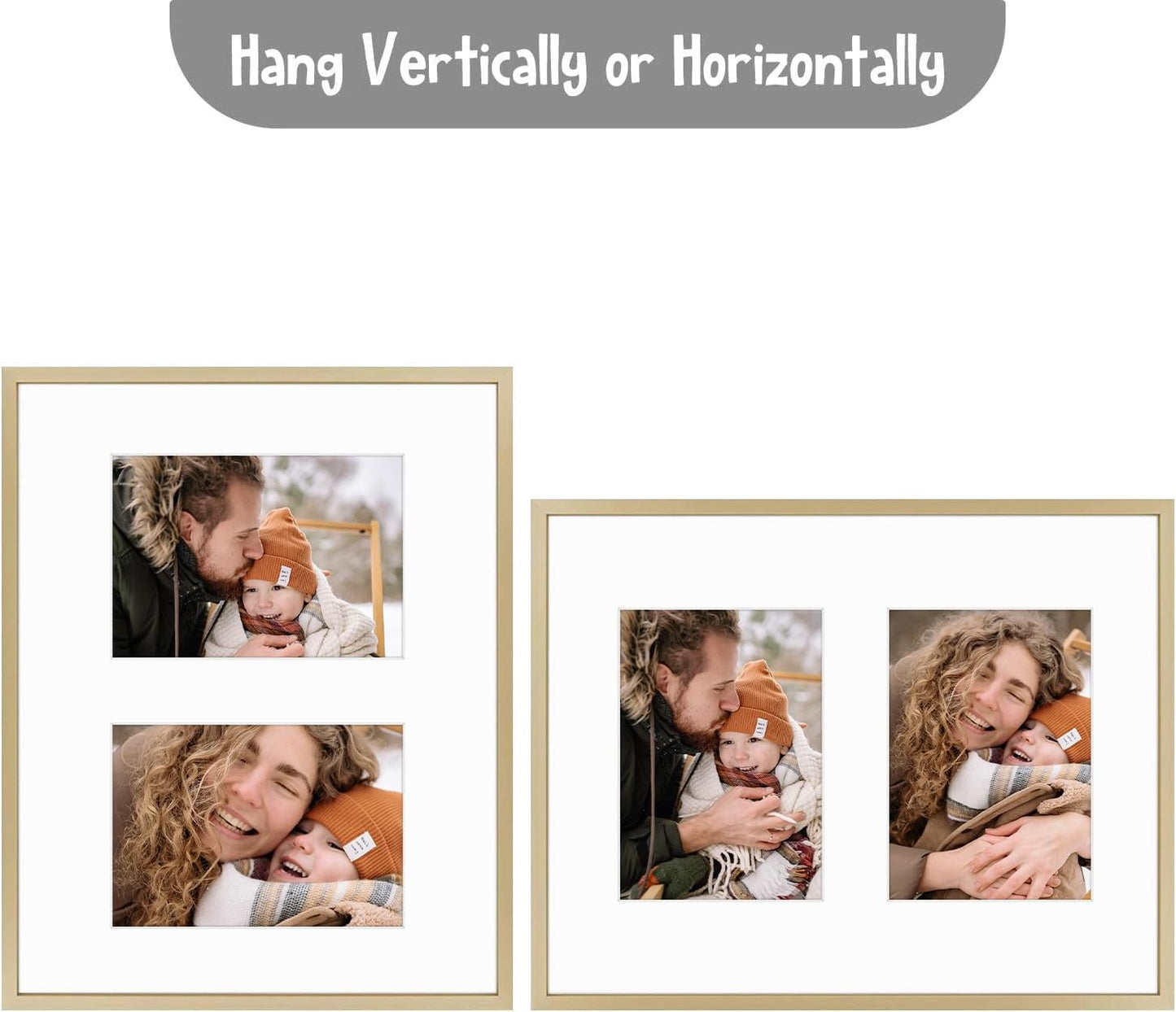 Frametory - 11x14 Aluminum Collage Picture Frame - Display 5x7 Pictures with 2 Openings Mat - Real Glass Front - Horizontal/Vertical Wall Mount - Gold 1 Pack