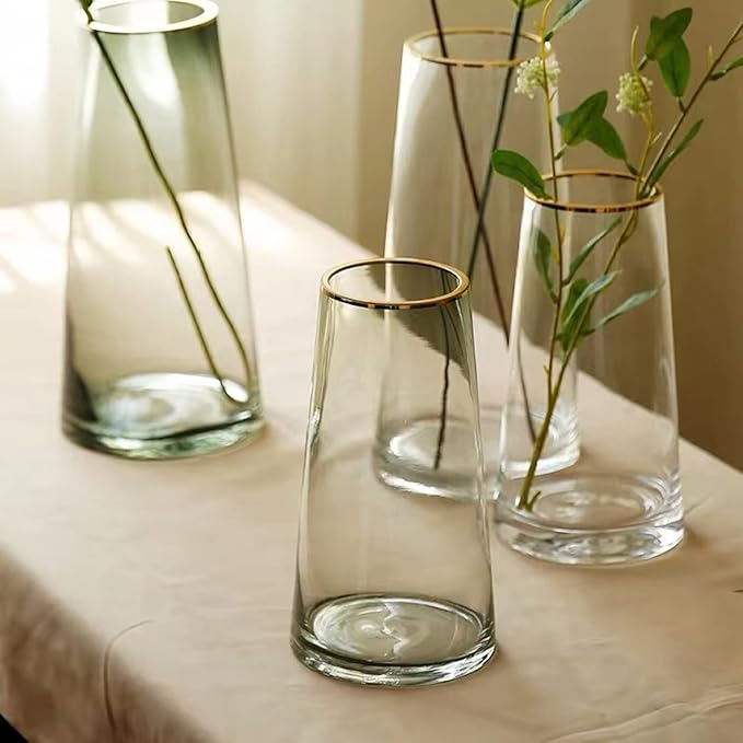 Moden Trapezoid Glass Vase with Gold Mouth for Centerpieces Home Wedding Decoration (1, Small 4.7" x 8.7")