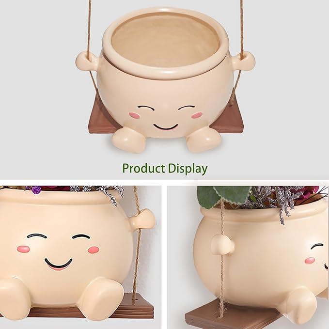 Hanging Planter Swing Smiley Indoor: Cute Glossy Resin Planters Garden - Funny Succulent Pots with Drainage Holes Outdoor