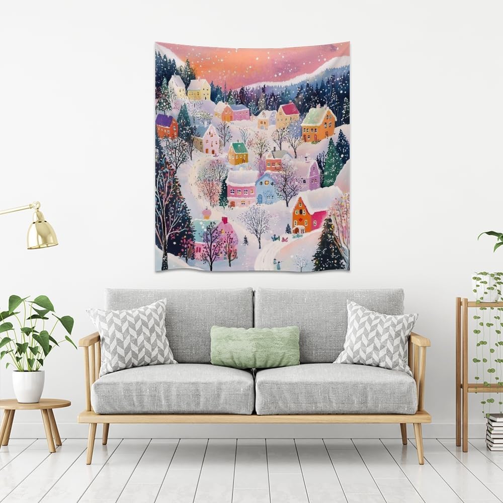 Medpol Vintage Christmas Wall Tapestry Christmas Landscape Tapestry Winter Scene Pictures Wall Hanging Country Town Tapestries for Living Room Dorm Home 50x60inch