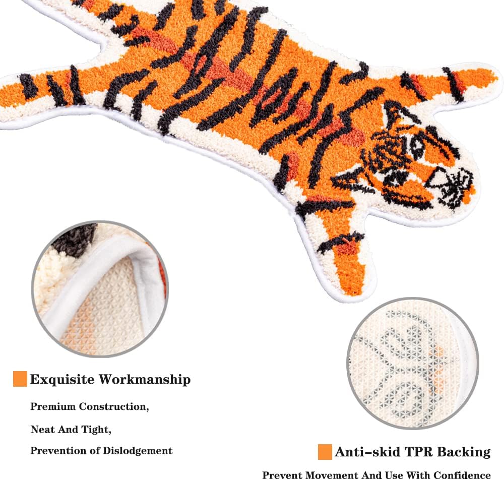 Funny Tiger Bath Mat for Bathroom, Cute Orange Tiger Cartoon Bath Rugs Non Slip Animal Shaped Absorbent Preppy Small Bathtub Rug Bathroom Decor Aesthetic Plush Shower Rugs Machine Washable
