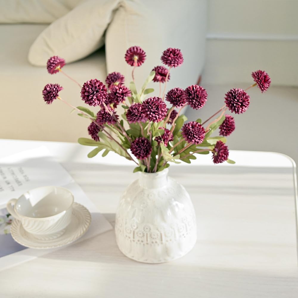 Laelfe 5Pcs Dandelion Artificial Flowers Bridal Bouquet Wedding Home Party Decor (Dark red)