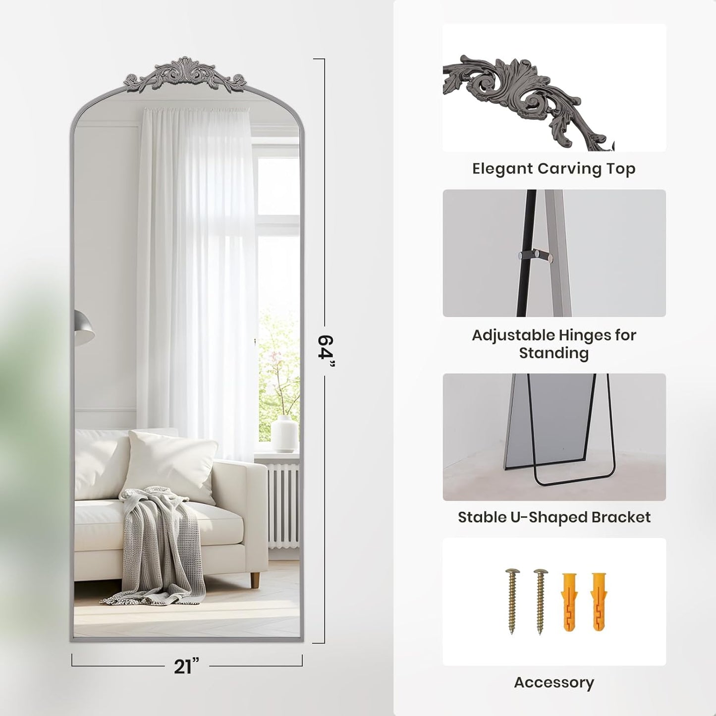 Filigree Floor Mirror 64"x21" Full Length Freestanding with Vintage Ornate Carved Applique Full Body Mirror Hanging Wall Mounted for Living Room Bedroom Retor Home Decor Mirror, Silver