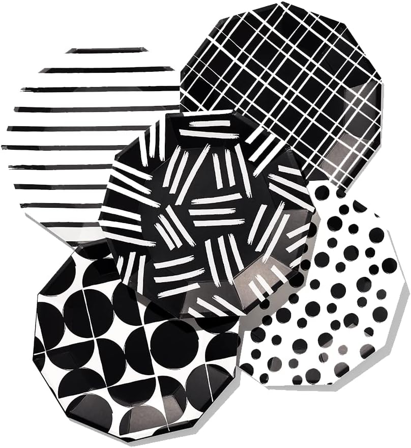 Coterie Black and White Large Paper Plates (Set of 10) - For Summer Party, Dinner Birthday Party Stripe, Polka Dot | 9.25” Modern 2 each design, Yellow,Blue,White