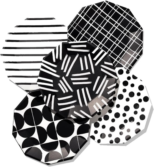 Coterie Black and White Large Paper Plates (Set of 10) - For Summer Party, Dinner Birthday Party Stripe, Polka Dot | 9.25” Modern 2 each design, Yellow,Blue,White