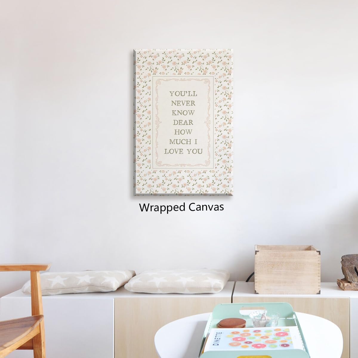 Girl Nursery Canvas Wall Art, You'll Never Know Dear How Much I Love You Quote Poster, Farmhouse Pink Flowers Print for Girls Bedroom, Green Plant Floral Picture for Wall 12x16in Unframed