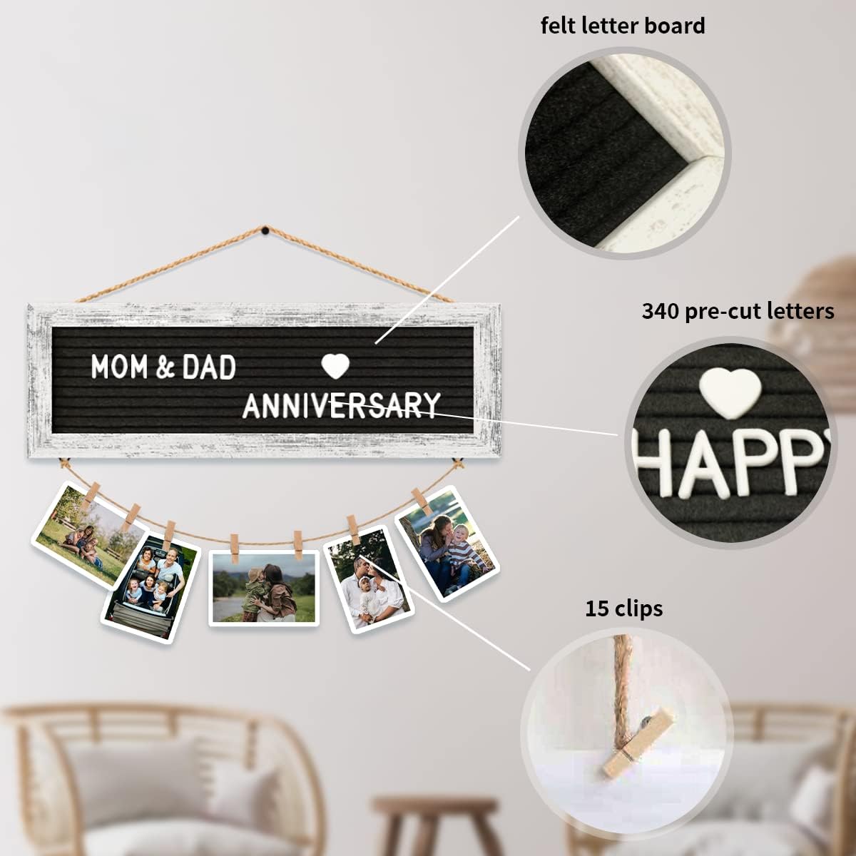 Hanging Photo Display Multiple Polaroid Picture Frames Collage Wall Decor, Felt Letter Board with 340 Letters and 15 Clips, DIY Cards Holder Frame Collage Set for Christmas Holiday Birthday
