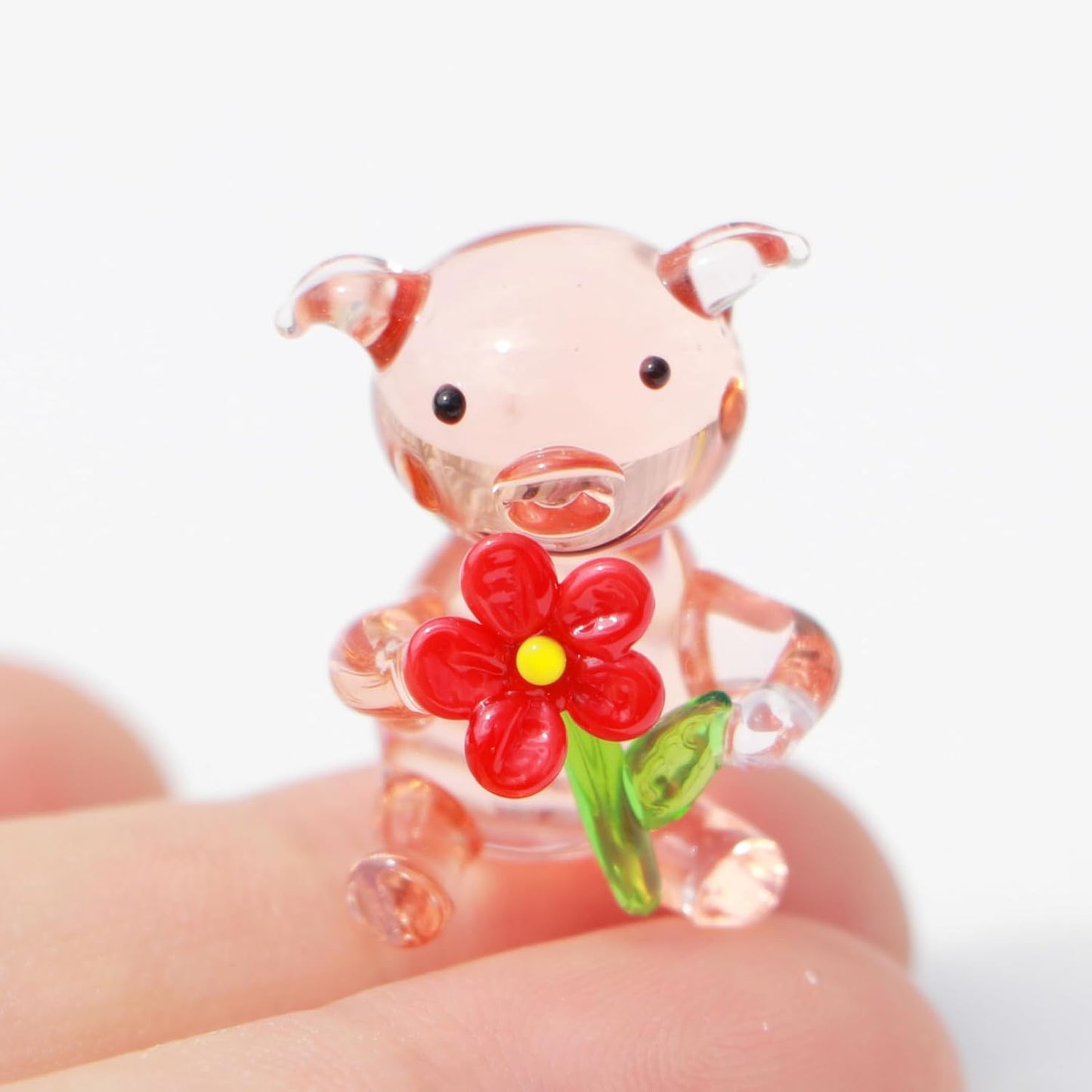 Miniature Hand Blown Glass Pig Figurine Crystal Animal Decor, Home Statues Collectible Figurines 3D Animal Ornament for Women & Men Flower