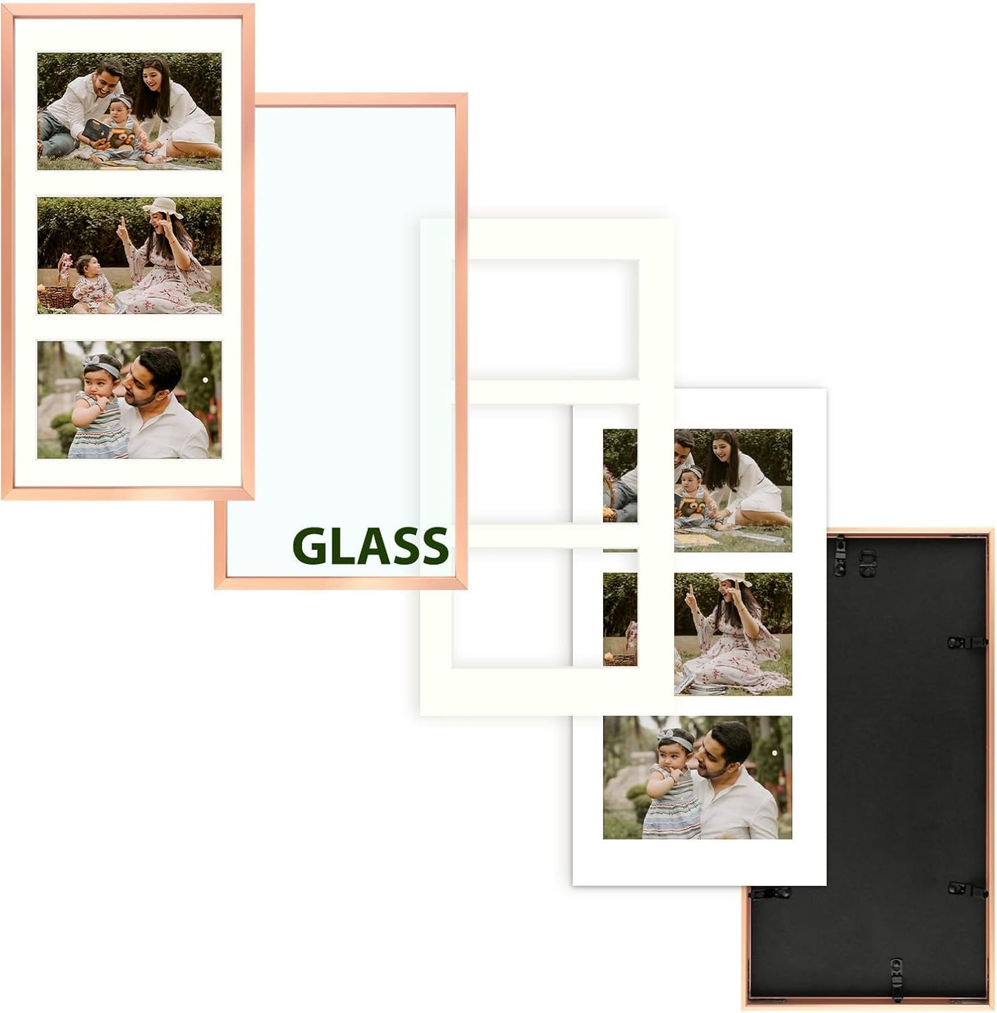 Frametory - 7x14 Aluminum Collage Picture Frame - Display 4x6 Pictures with 3 Openings Mat - Real Glass Front - Horizontal/Vertical Wall Mount - Rose Gold 1 Pack