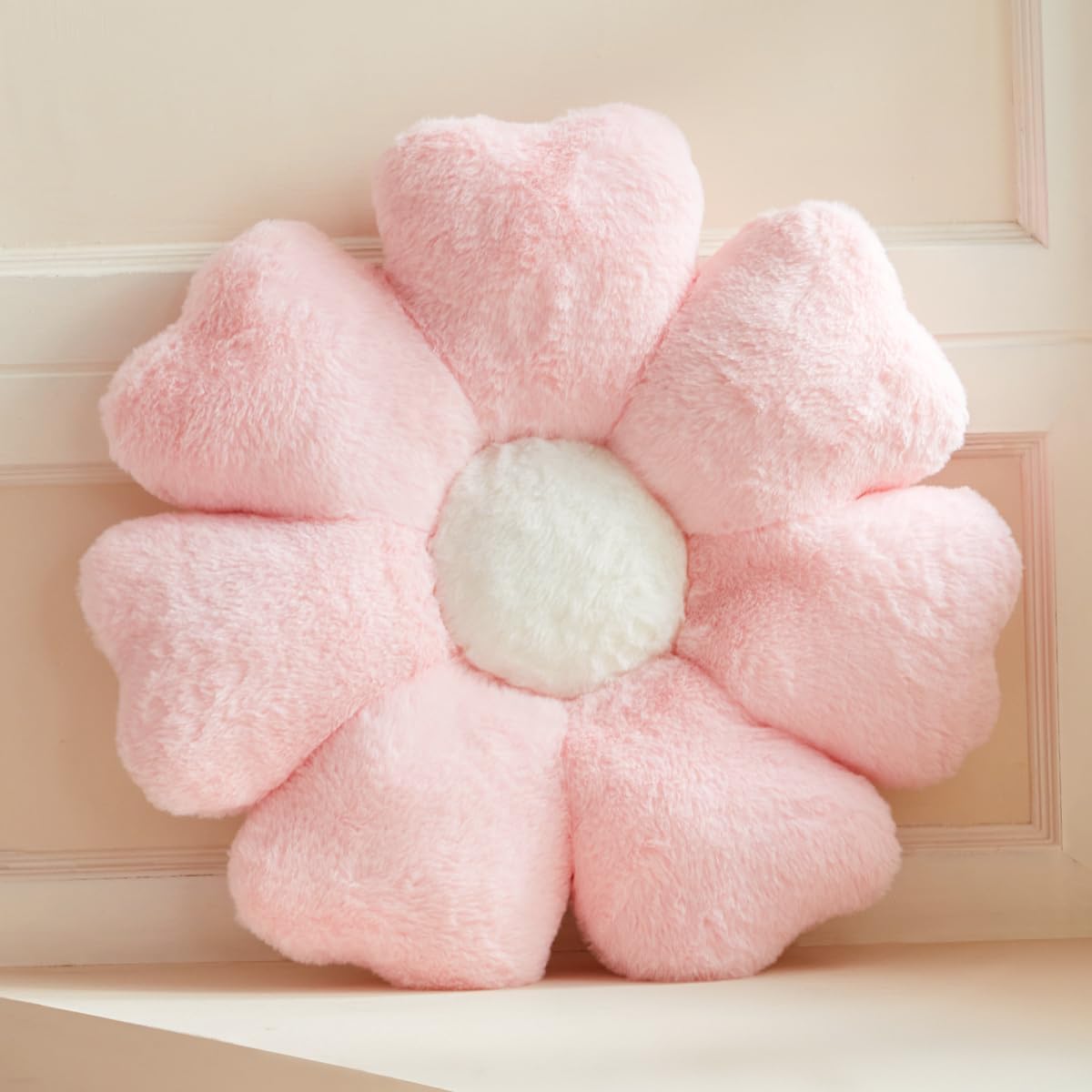 Flower Pillow, Pink Daisy Flower Decorative Pillows for Bed, Cute 19.6" Flower Shaped Pillow with Soft Faux Rabbit Fur Dorm Home Decor Floor Seating Cushion