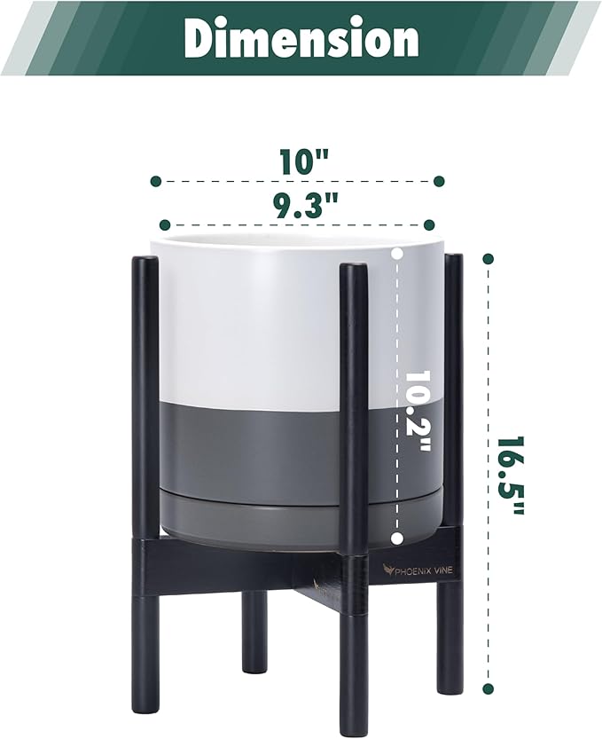 D'vine Dev Ceramic Planter with Ebony Stand - 10 Inch Modern Round Flower Pot with Wood Planter Holder, White/Grey, 55-B-L-6
