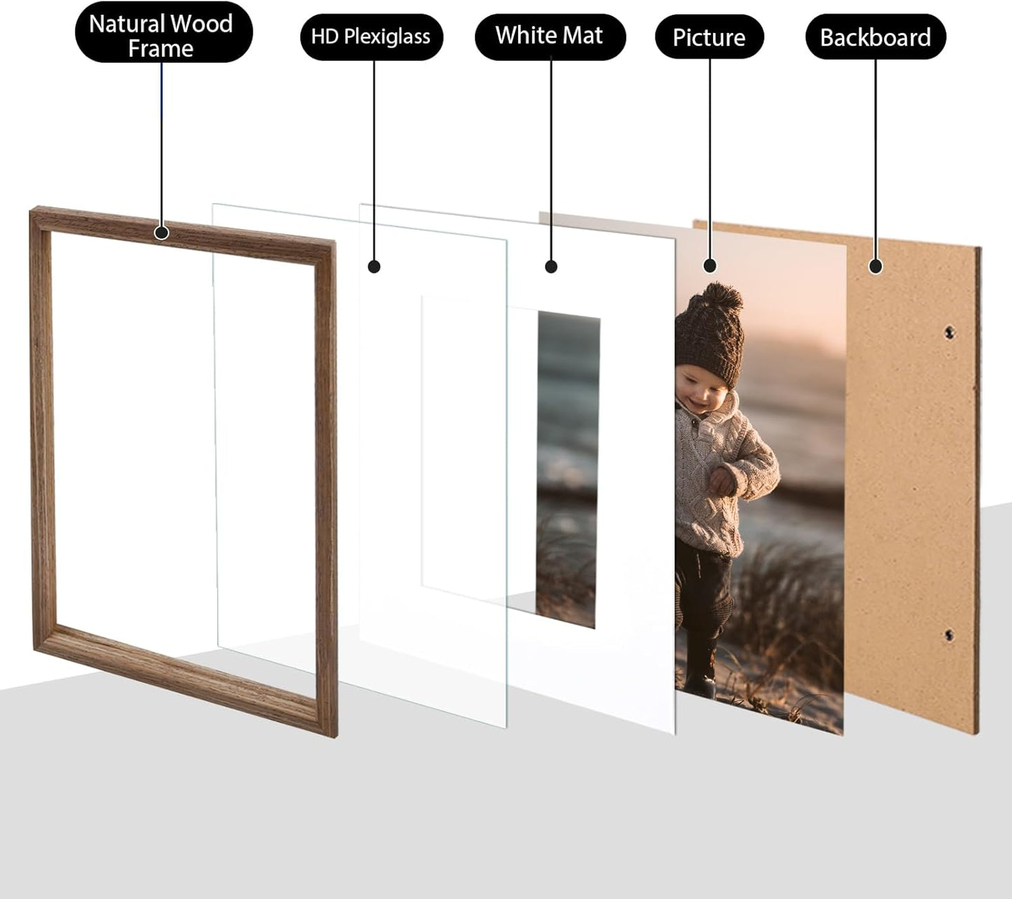 KINLINK 16x16 Picture Frame, Brown Square Solid Wood Frames for Pictures 12x12 with Mat or 16x16 without Mat, Wall Display Photo Frames Brown Wood 4 Pack