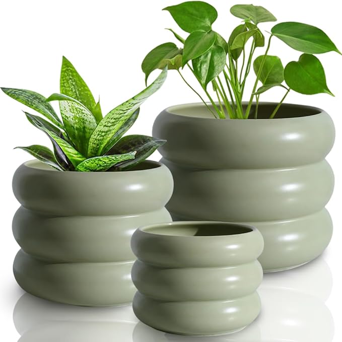 3 Piece Modern Ceramic Planter, 6.5/4.7/3.5 Inch Green Plant Pot Set of 3 Unique Planters for Outdoor Indoor Flower Pots Plants with Drainage Holes Home & Office Decor with Mesh Pad