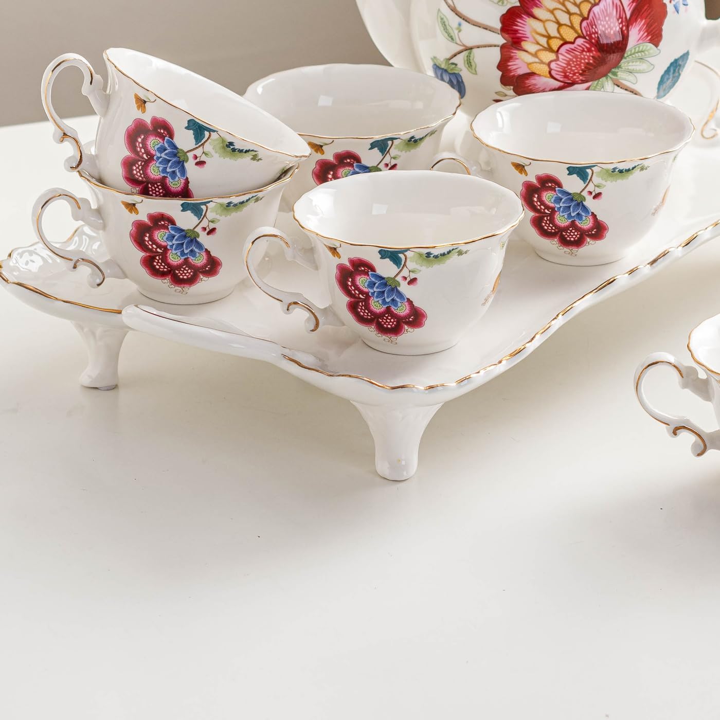 Jomop Ceramic Tea Cups Coffee Cup and Saucers Set of 4 (Blue and Red)