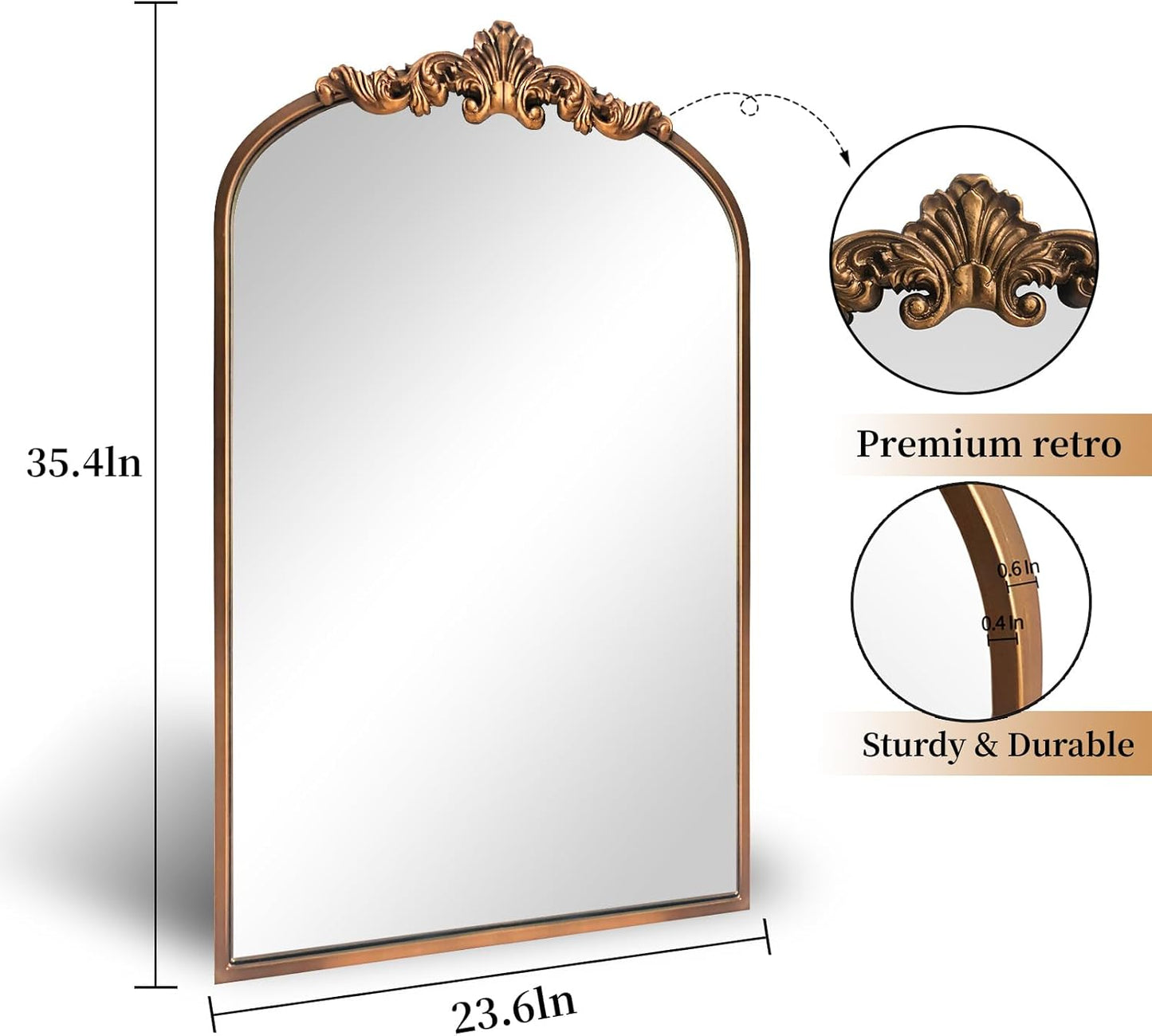 Gold Antique Mirror,24"X36" Arched Bathroom Mirror,Victorian Antique Bronze Mirrors with Full Matel Frame,Wall Arch Mirror for Entryway/Bathroom/Fireplace