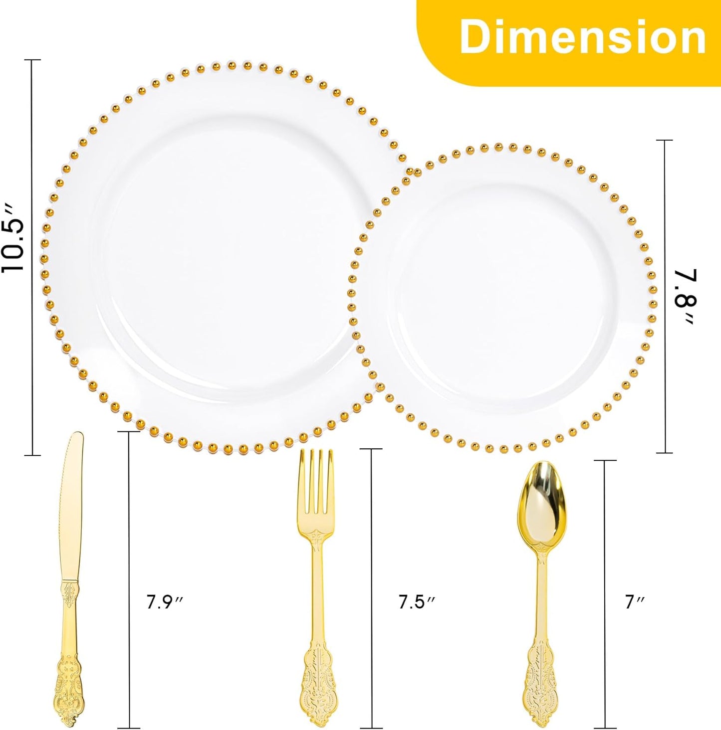 HOMIP 75Pcs Gold Plastic Dinnerware Set - Pearl-Beaded Rim Plates & Baroque Forks, Spoons, Knives, Perfect for Elegant Wedding, Banquet & Party