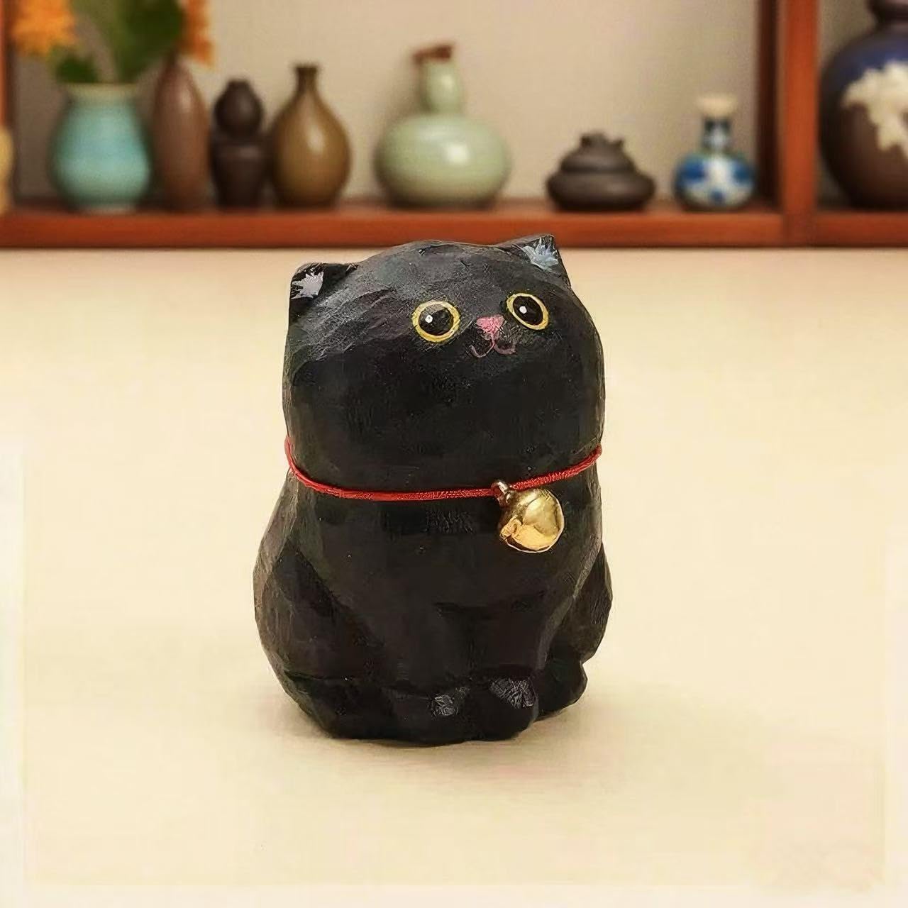 Hand Carved Wooden Black Cat Figurines – 2PCS Small Painted Cat Statues with Base, Cute Desk or Shelf Decor, Collectible Eco-Friendly Pet Figurines, Unique Handmade Gifts for Cat Lovers