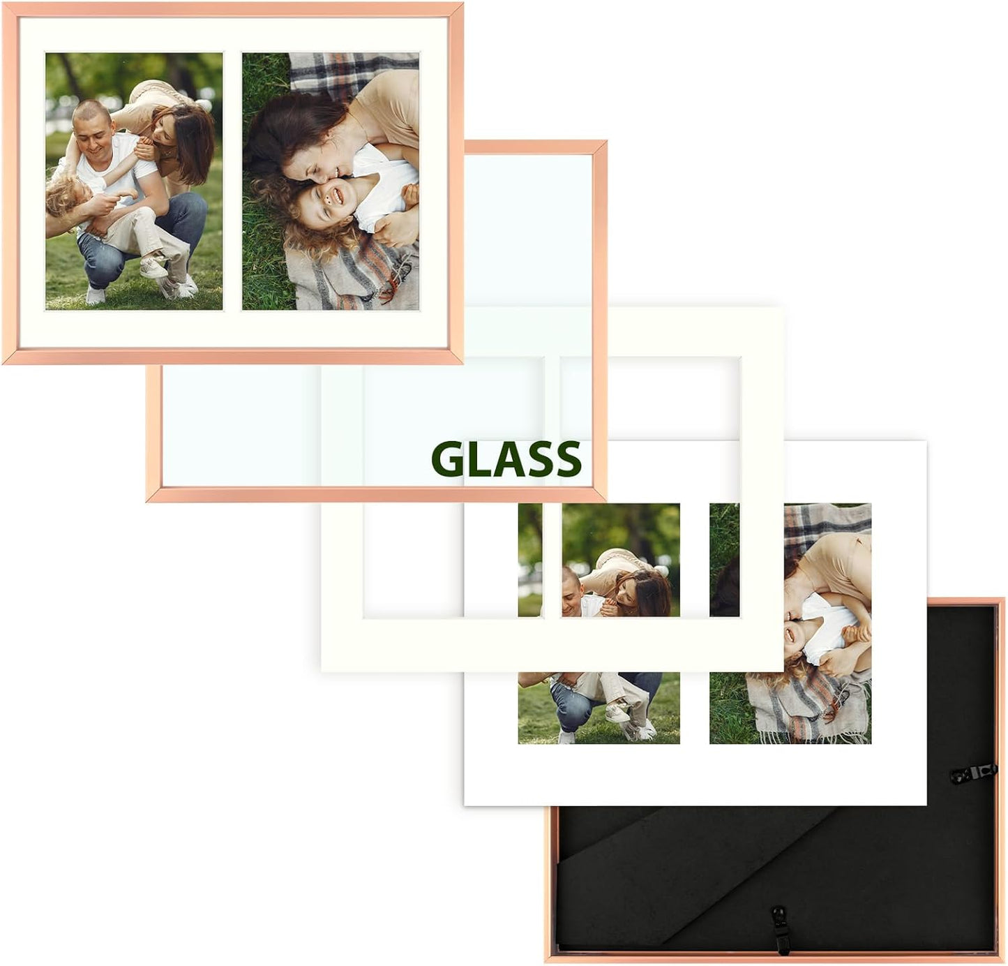 Frametory - 8.5x11 Aluminum Collage Picture Frame - Display 5x7 Pictures with 2 Openings Mat - Real Glass Front - with Easel Stand for Horizontal/Vertical Wall Mount - Rose Gold 1 Pack