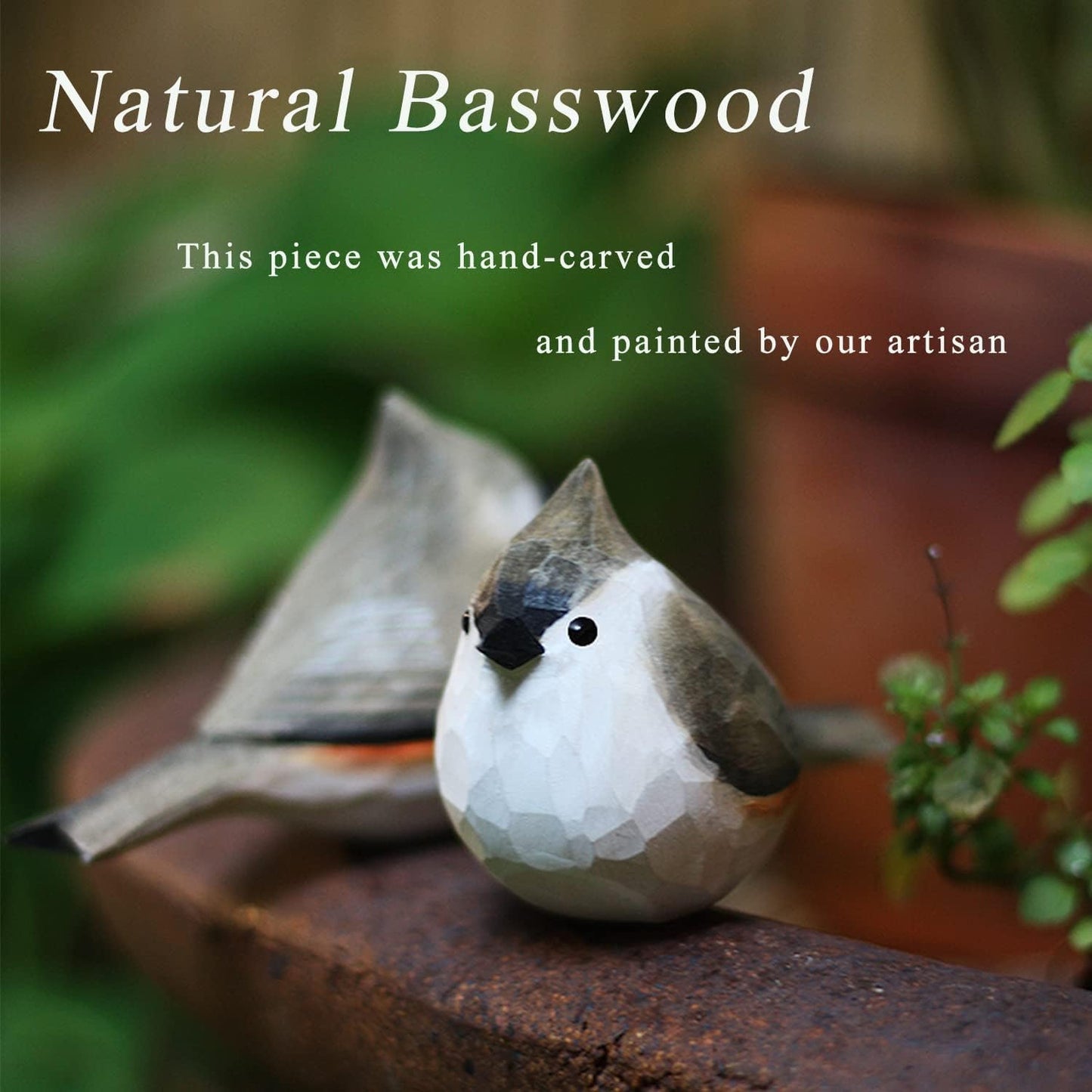 Handmade Wooden Carved Bird Decor - Sculpted Hand-Painted Figurines, Small Home Statue, Shelf Decor, BFF Gifts for Bird Lovers (Tufted Titmouse)