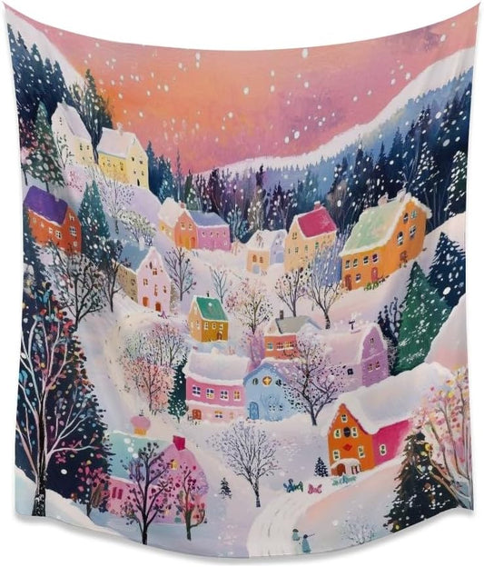 Medpol Vintage Christmas Wall Tapestry Christmas Landscape Tapestry Winter Scene Pictures Wall Hanging Country Town Tapestries for Living Room Dorm Home 50x60inch