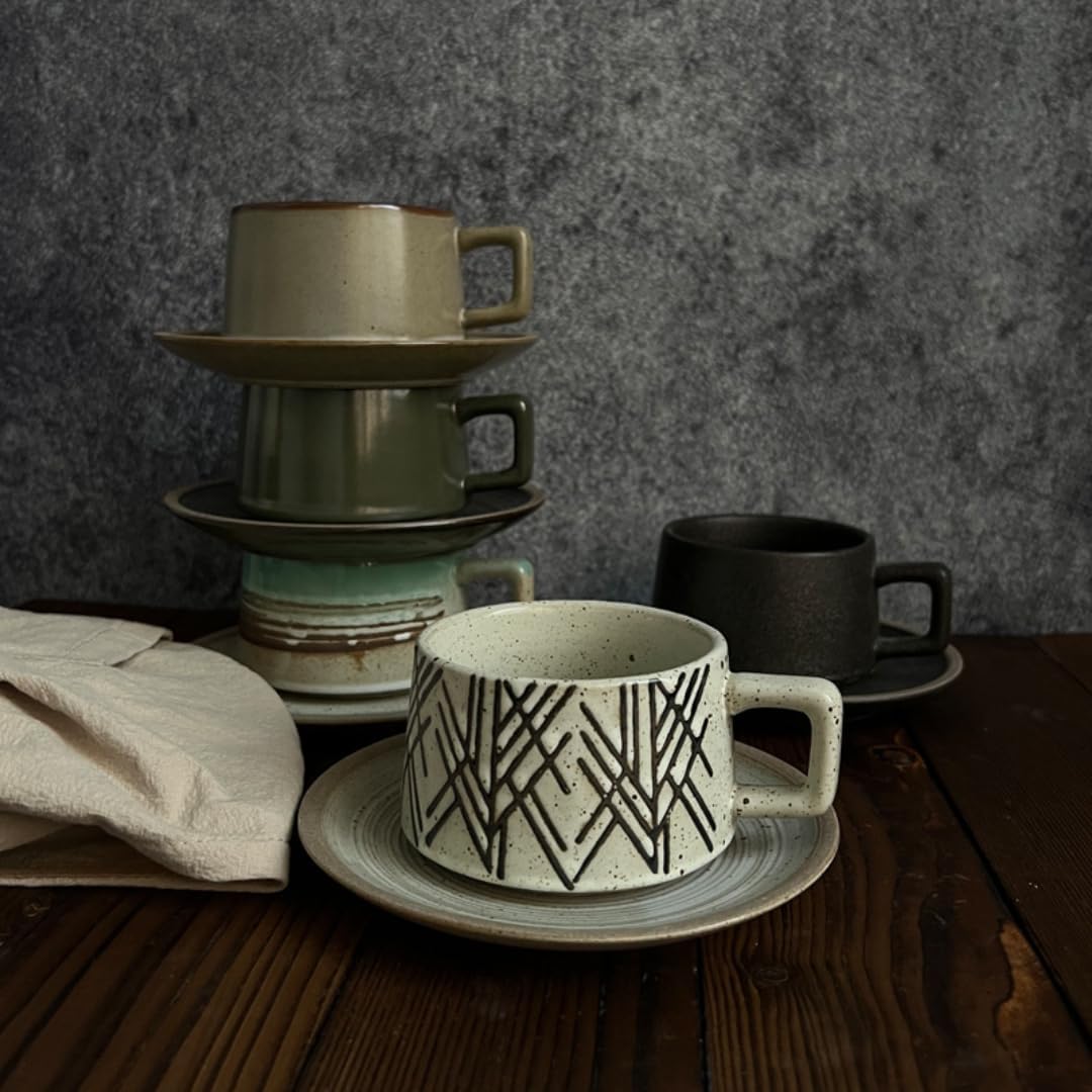 Japanese Simple Stoneware Coffee Cup and Saucer Set - Vintage Ceramic Teacup Mug Gift Box - Home Office Afternoon Tea Set
