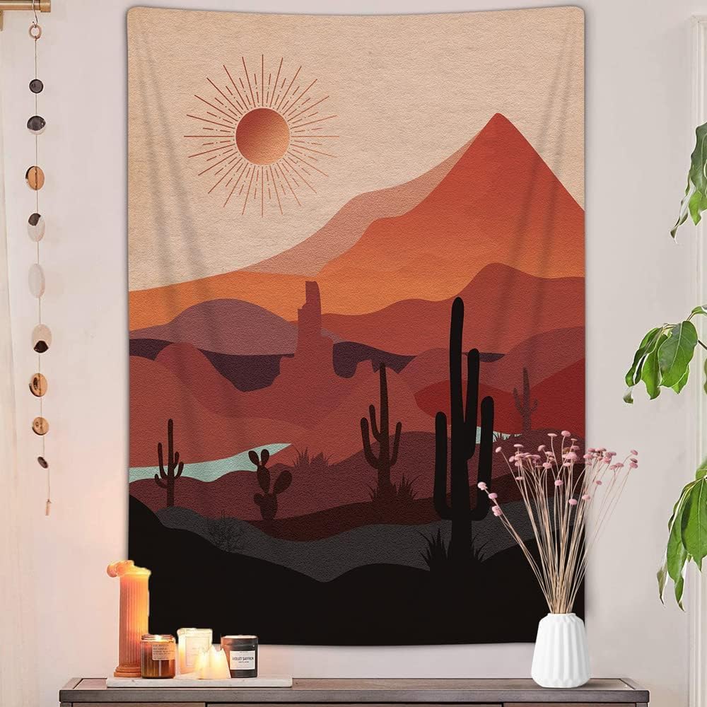 DYNH Boho Western Tapestry Modern Southwestern Mountain Cactus Arizona Desert Sunset Wall Tapestry Mid Century Modern Retro Aesthetic Minimalist Vertical Wall Hanging for Bedroom 50X60IN