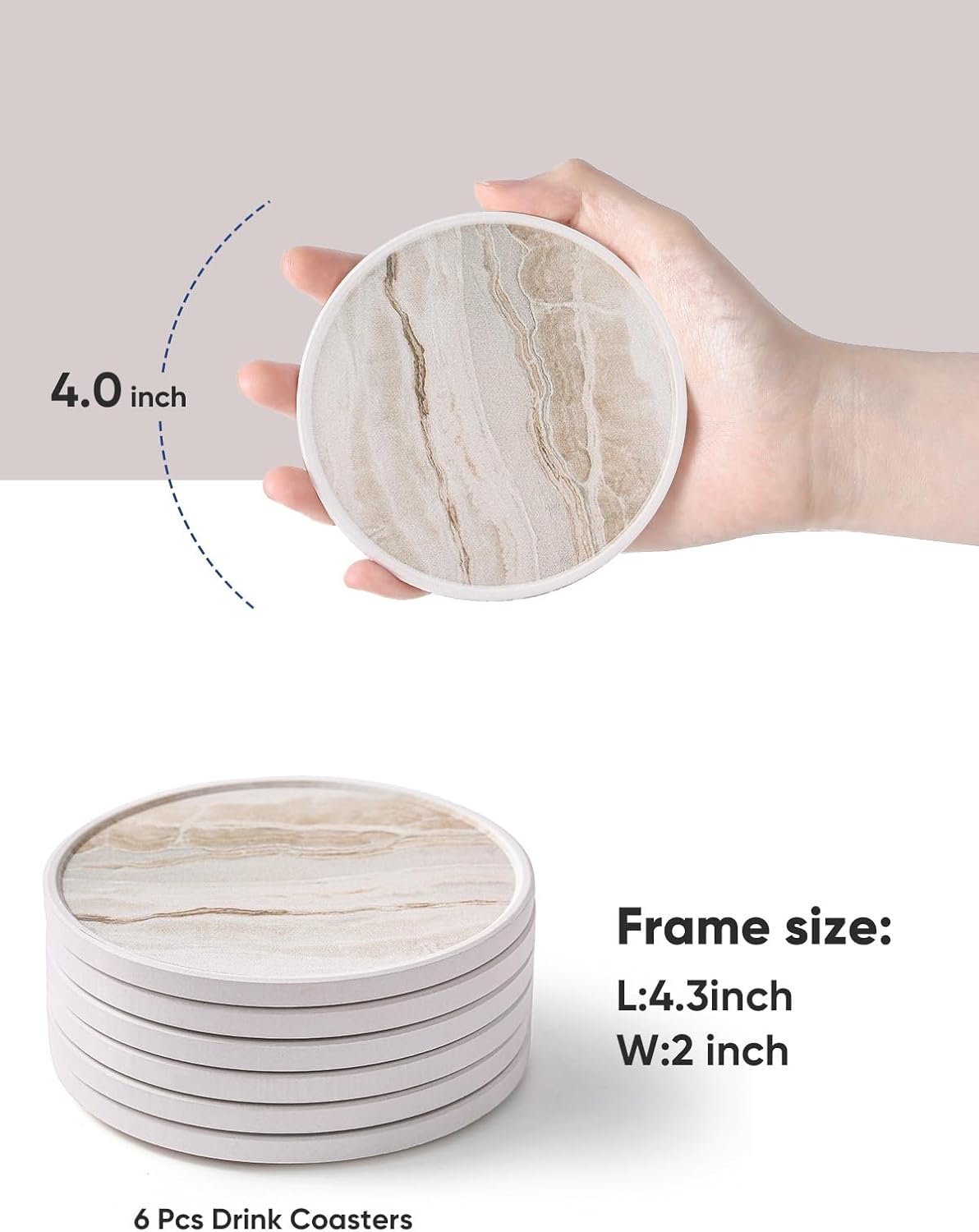 LIFVER Coasters for Coffee Table, Coasters for Drinks Absorbent, Drink Coasters, Housewarming Gift, Home Decor, Set of 6, Farmhouse Coaster Set with Holder, 4 Inches, Sandstone Style