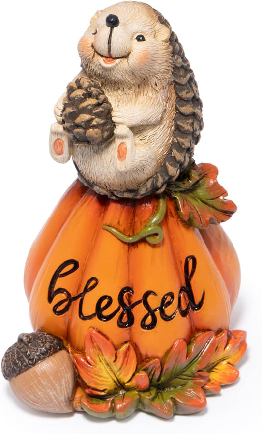 Hodao Blessed Pumpkin Hedgehog Figurine – Fall Harvest Festival Decor, Hedgehog Holding Corn – Thanksgiving Centerpiece, Autumn Home Decoration for Family Joy & Prayer (Orange-2)