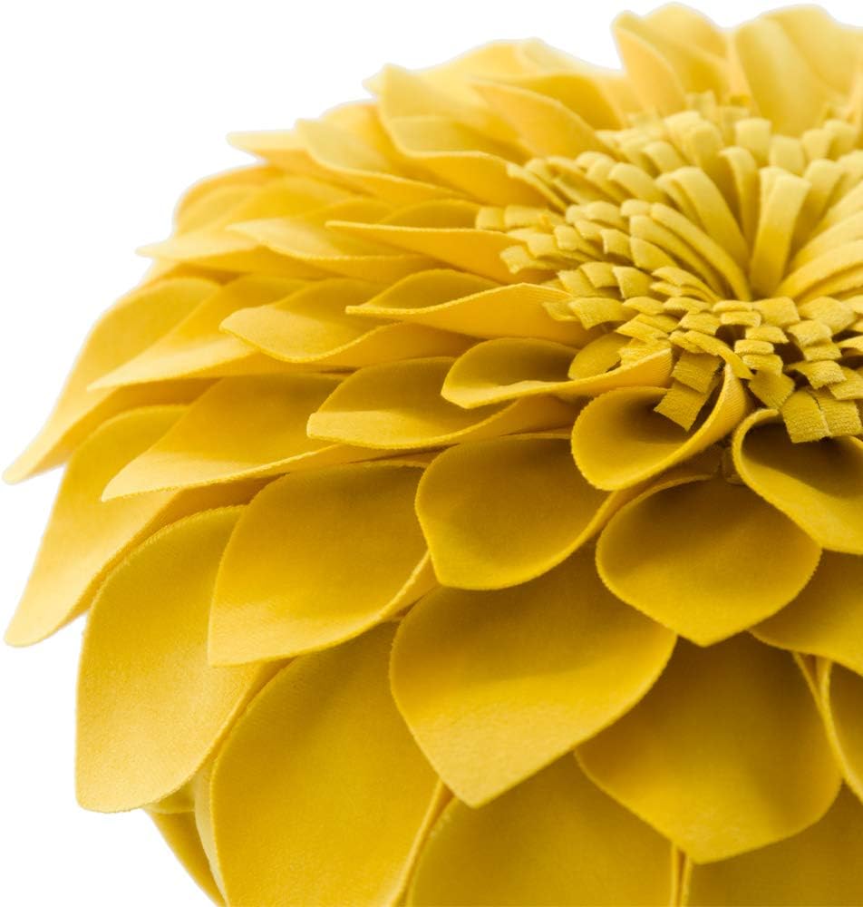 JWH 3D Flower Handmade Throw Pillow Covers Decorative Yellow Velvet Accent Pillow Cases Round Pillowcase Soft Cushion for Couch Bed Decor Euro Shams with Hidden Zipper 12 Inches Mustard