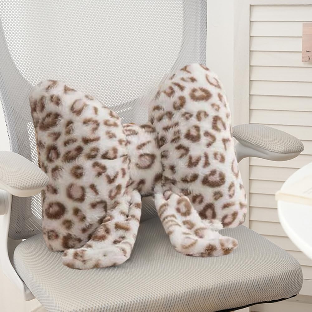Leopard Print Throw Pillow Furry Bow Plush Pillows Cute Flower Plush Pillow Cheetah Home Decor Stuffed Bow Lumbar Pillow for Bed Couch Living Room Decor (White-A, 16in)