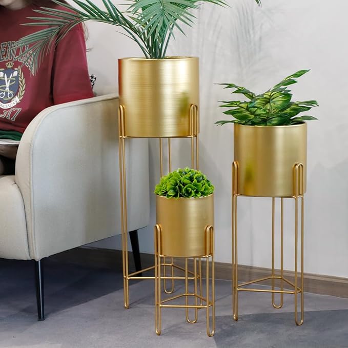 TRIROCKS Set of 3 Large Planters with Stand Gold Planter for Indoor Plants 29 &22 &12" Tall Morden Metal Plant Pots for Living Room Corner Kitchen Office Garden Balcony Patio Decor