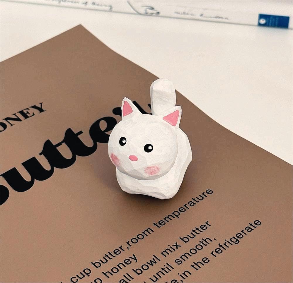 Cute Mini Carved Wooden Cat Figurines, 4PCS Handmade White Gray Brown Kitten Sculpture with Base Craft Set, 1.8"*1.5" Cute Cat Statues Home Decor Art Carving Work