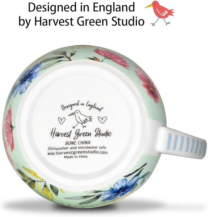 20 oz Bees & Flowers Coffee Hug Mug,“Be Happy” Designed to Spread Joy, Premium Bone China, Perfect Holiday and Birthday Gift for Women, Designed in England by Harvest Green Studio
