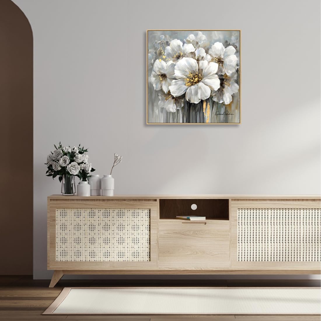 Living Room Flower Wall Art White and Gray Floral Picture with Gold on Canvas for Home Decor Framed 24" x 24", Solid Wood Frame